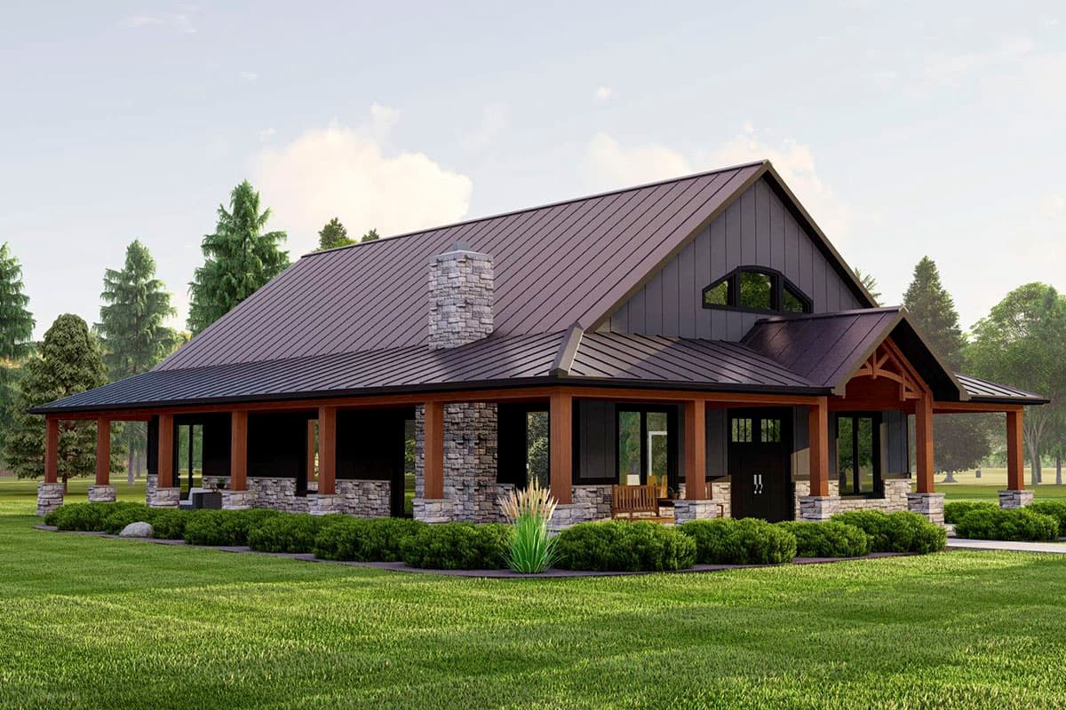 House plan exterior of a Modern Farmhouse with a wraparound porch, stone chimney, and dark metal roof.