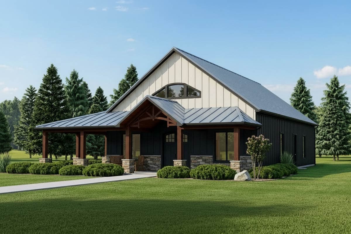 House plan exterior. Modern Farmhouse style with a single story, a covered porch with exposed timber supports, and a gabled roofline.