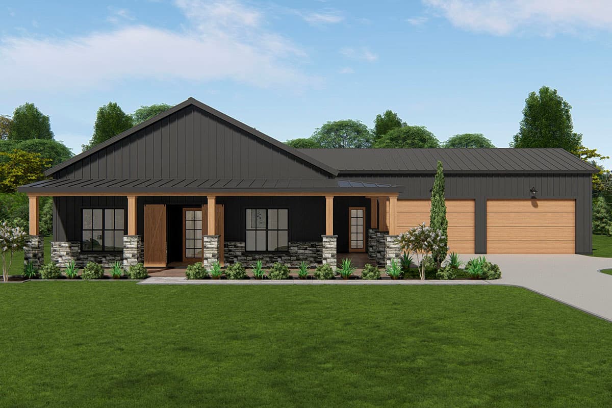 House plan exterior. Modern Farmhouse style with a single story, a covered porch with stone columns, and a two-car garage with a matching metal roof.