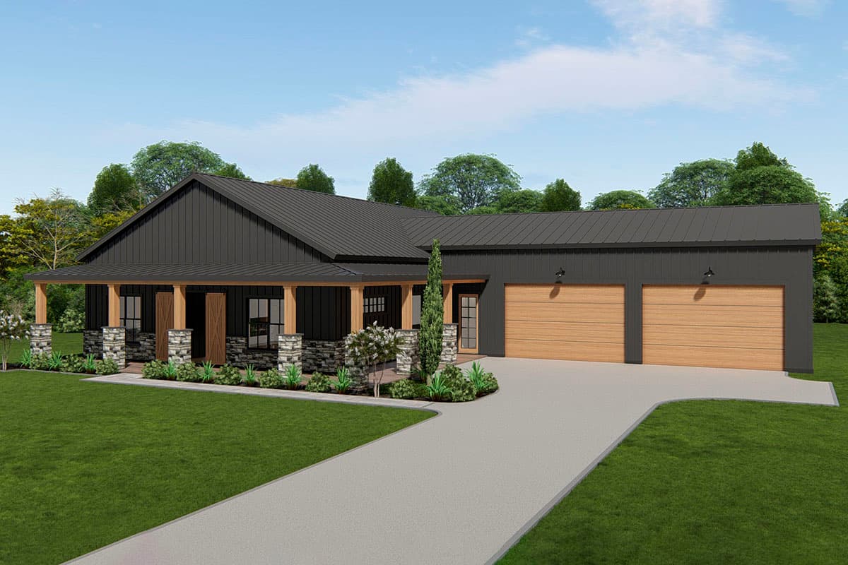 Modern Farmhouse style house plan exterior with a covered porch featuring stone-clad columns and a dark metal roof. Includes a three-car garage.