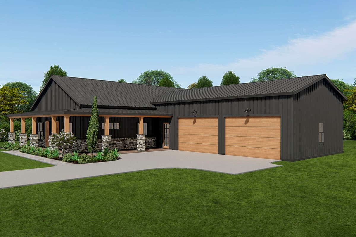 House plan exterior: Ranch style with covered porch, stone and wood pillars, dark metal siding, and a three-car garage.