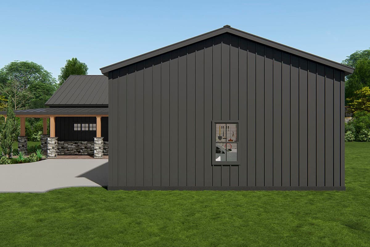 House plan exterior view of a one-story Modern Farmhouse with vertical siding, gabled roof, and stone-clad porch supports.