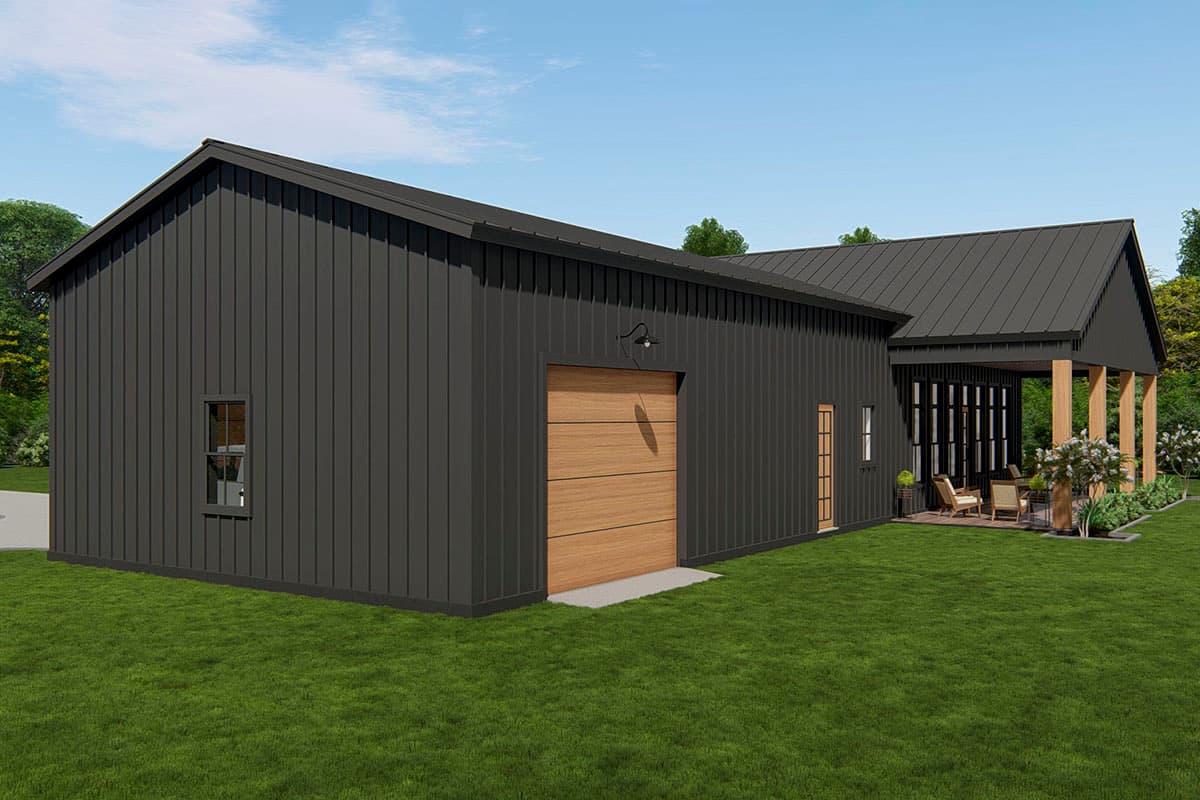 Modern house plan exterior with dark vertical siding, a metal roof, attached garage, and covered porch with timber posts.