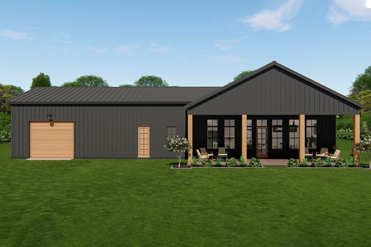 House plan exterior: Modern gable-roofed home with a side garage, covered porch with wood columns, and large pane windows.