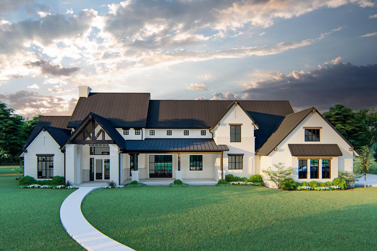 House plan exterior. Modern Farmhouse style with a two-story layout. Features include a front porch, gables, and a dark metal roof.