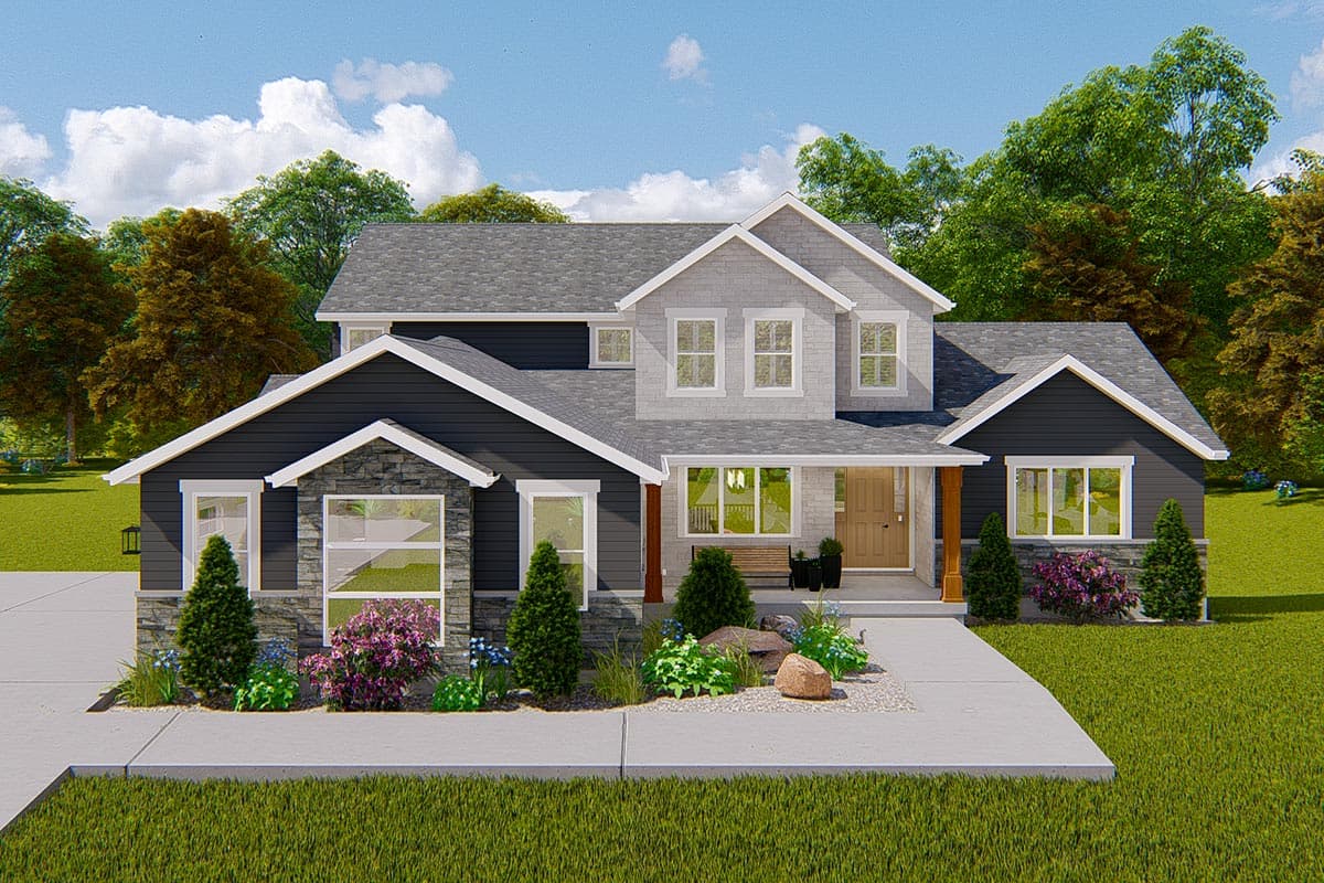 House plan exterior with two stories. Features include a front porch with wooden columns, gables, and stone accents on the facade.