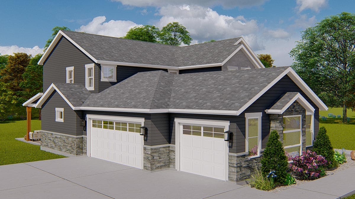 House plan exterior: two-story modern farmhouse with dual garage doors, stone accents, gables, and dormers.