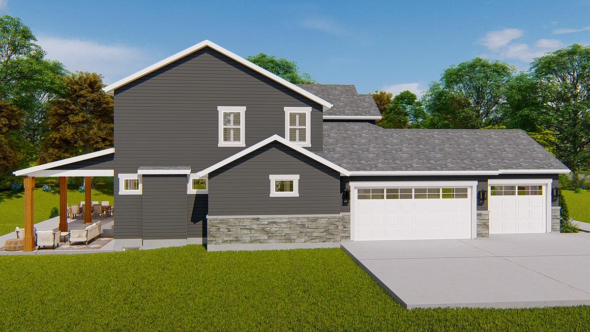 House plan exterior of a two-story home with a covered patio, stone wainscoting, and a three-car garage.