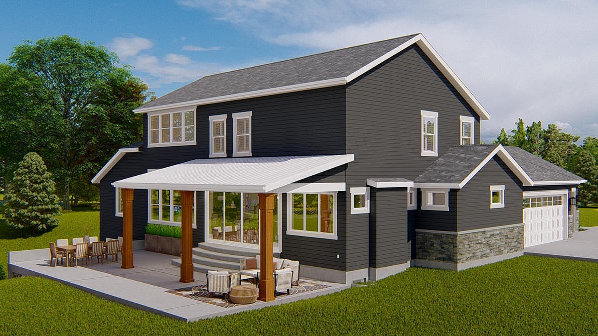 Two-story house plan exterior with gabled roof, covered patio, stone foundation, and attached two-car garage.