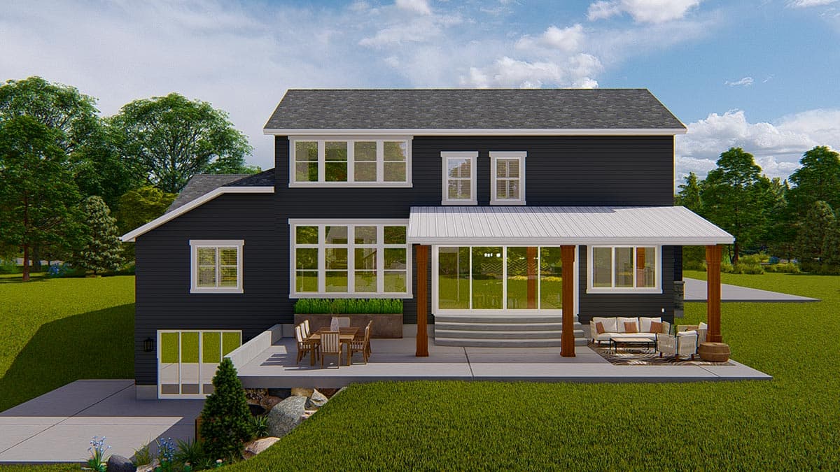 House plan exterior, two stories, dark siding, white trim, gabled roof, covered porch with pillars, large windows.