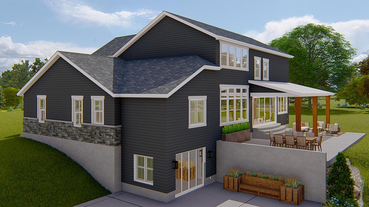House plan exterior: two-story Modern Farmhouse with dark siding, stone accents, multiple gables, and covered patio.