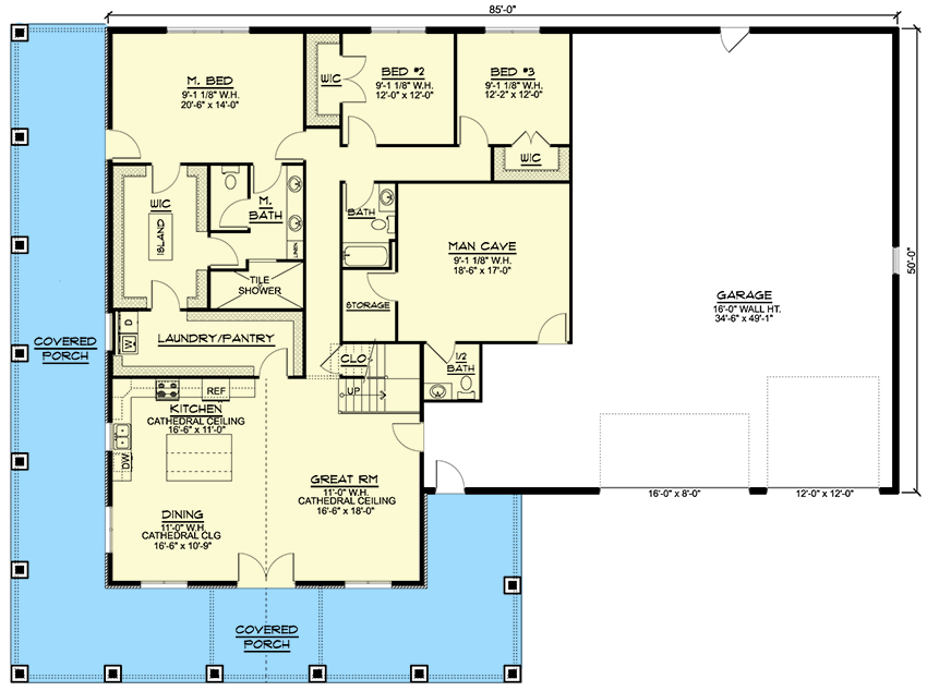 Plan 135196GRA: 4 Bed 4100 Square Foot Barndo-style House Plan with RV Garage and Man Cave - Floor Plan - Main Level