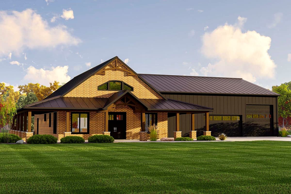 House plan exterior with Craftsman style, brick facade, covered porch, and a gable roof with a dormer and attached garage.