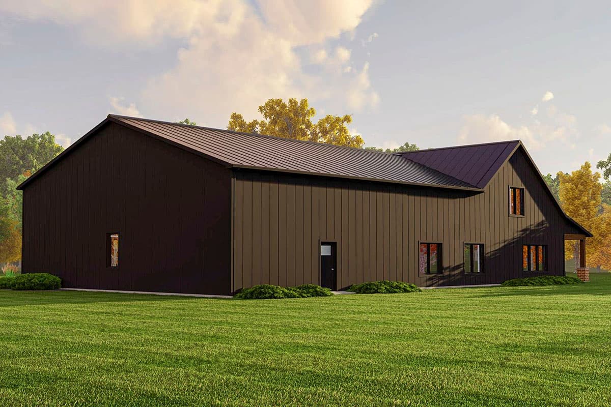 Modern house plan exterior with a metal gable roof, vertical siding, and multiple windows. Two stories visible.