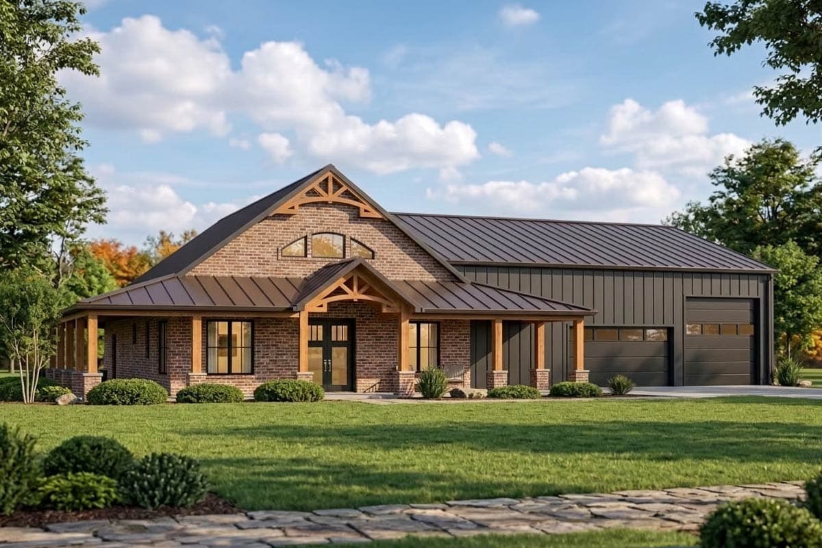 House plan exterior with Craftsman style, brick facade, covered porch, and a gable roof with a dormer and attached garage.