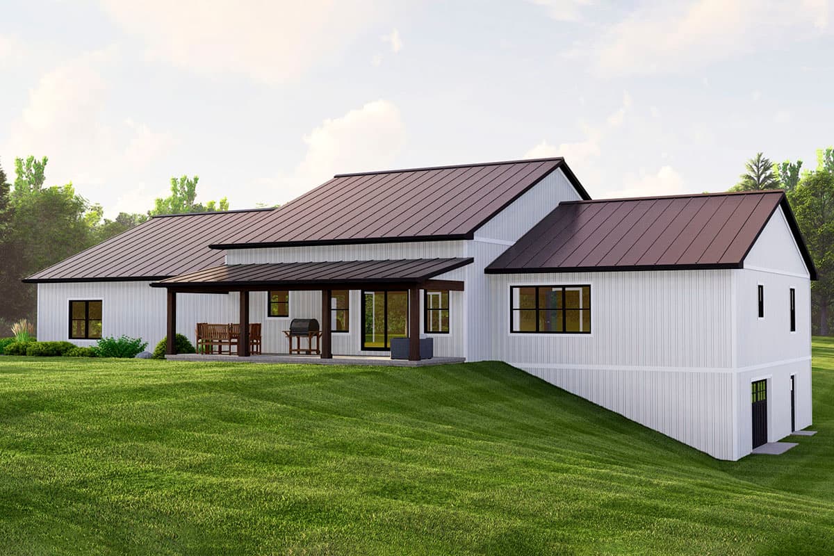 Modern Farmhouse house plan exterior with a covered porch, white vertical siding, and a dark metal roof.
