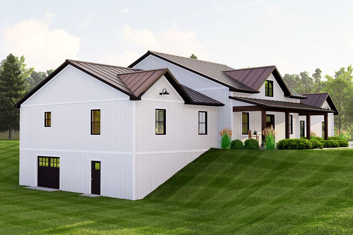 Modern Farmhouse style house plan exterior with white board and batten siding, metal roof, and covered porch.