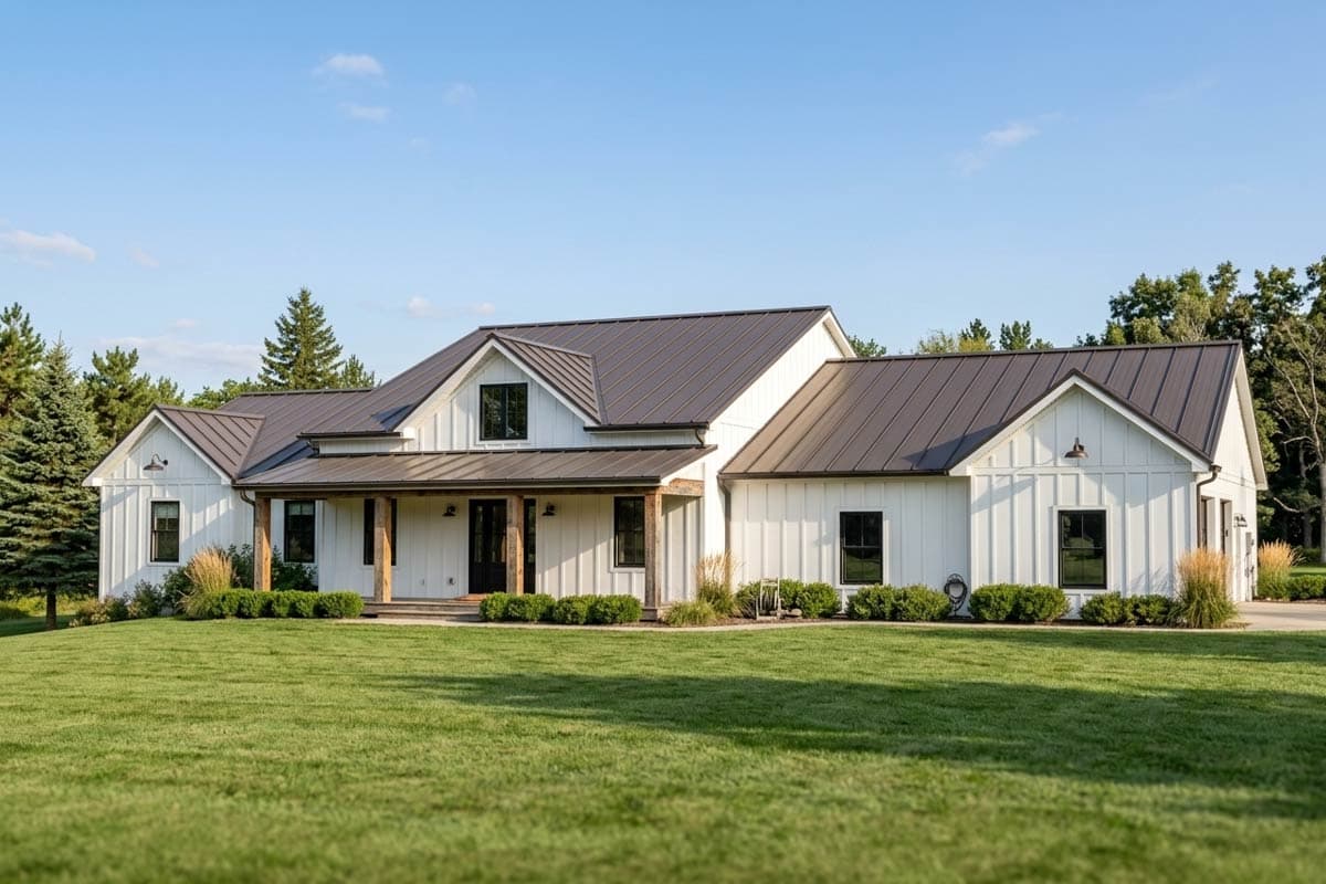 House plan exterior. Modern Farmhouse style with a single story, a covered porch with exposed beams, and multiple gables.