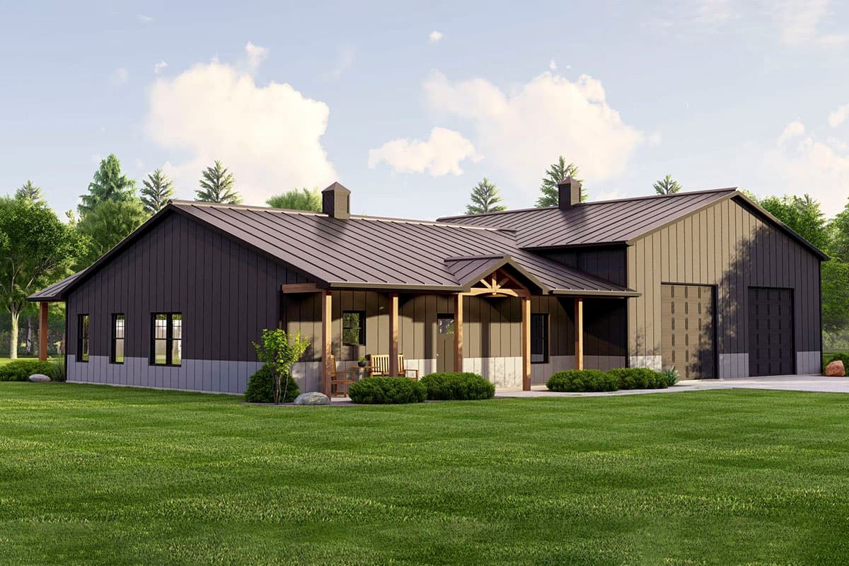 House plan exterior: One-story home with metal siding, covered front porch, gable rooflines, and a two-car garage.