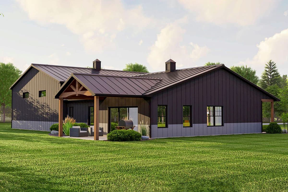 Modern farmhouse house plan exterior with dark metal siding, gabled roof, and exposed wood beams on covered porch.