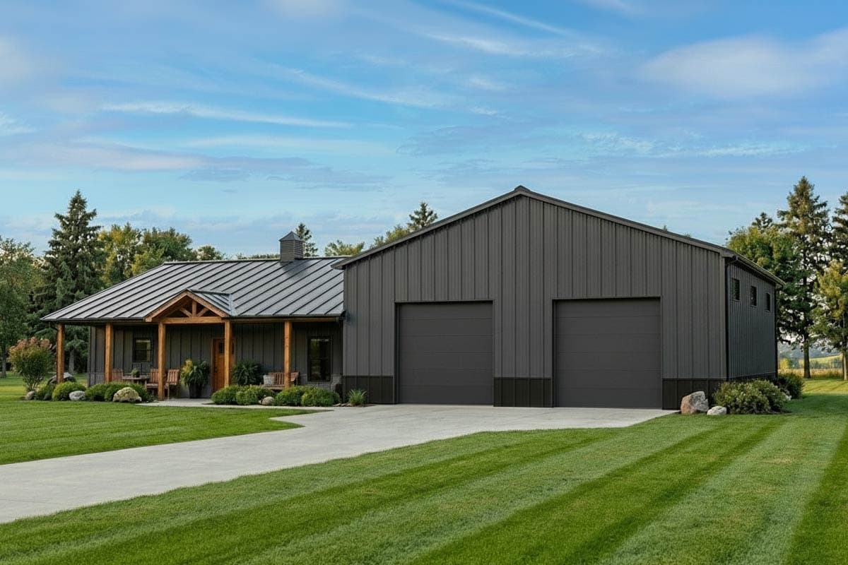 House plan exterior with board and batten siding, gable roof, covered porch, and attached two-car garage. One-story design.