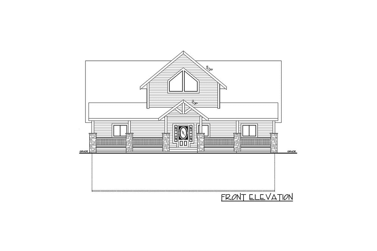 Front elevation house plan drawing with a covered porch, gables, and stone-accented columns.