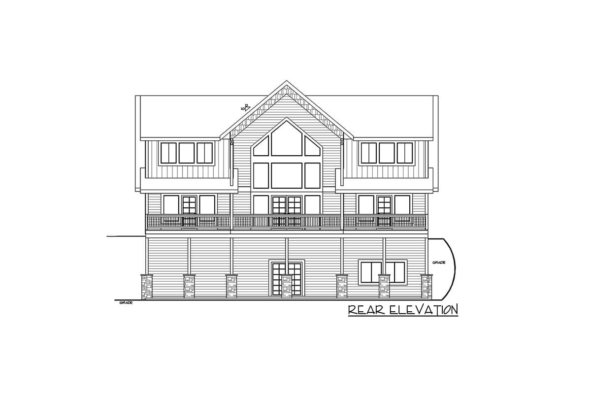 Rear elevation drawing of a multi-story house plan featuring a prominent gable, large central windows, and a wraparound deck.