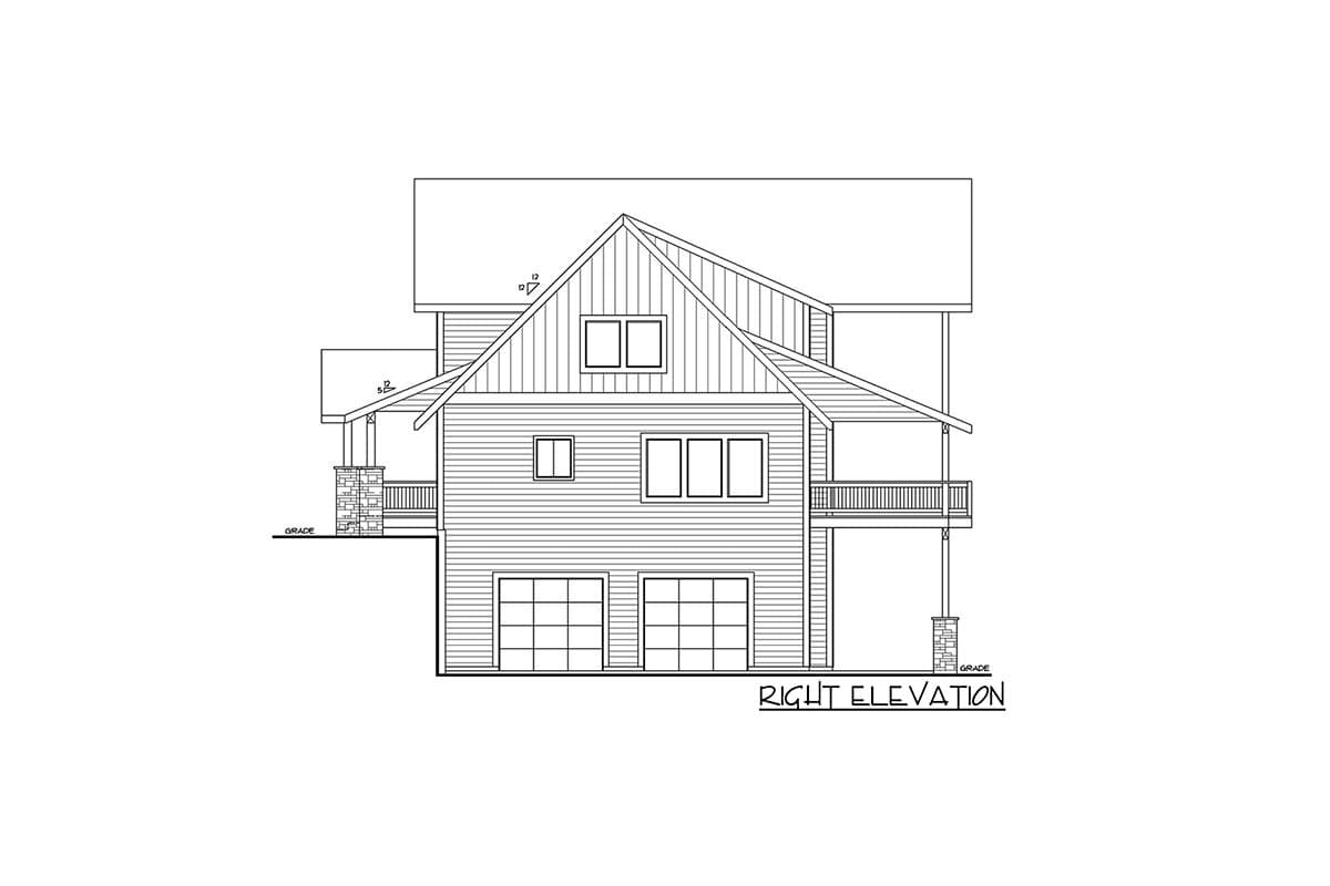 Right elevation house plan with two-car garage, covered porches, gables, and horizontal siding.