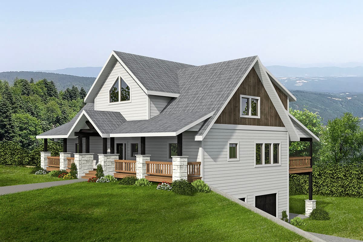 House plan exterior with two stories, Craftsman style. Features include gabled rooflines, a covered porch with stone columns, and a rear deck.