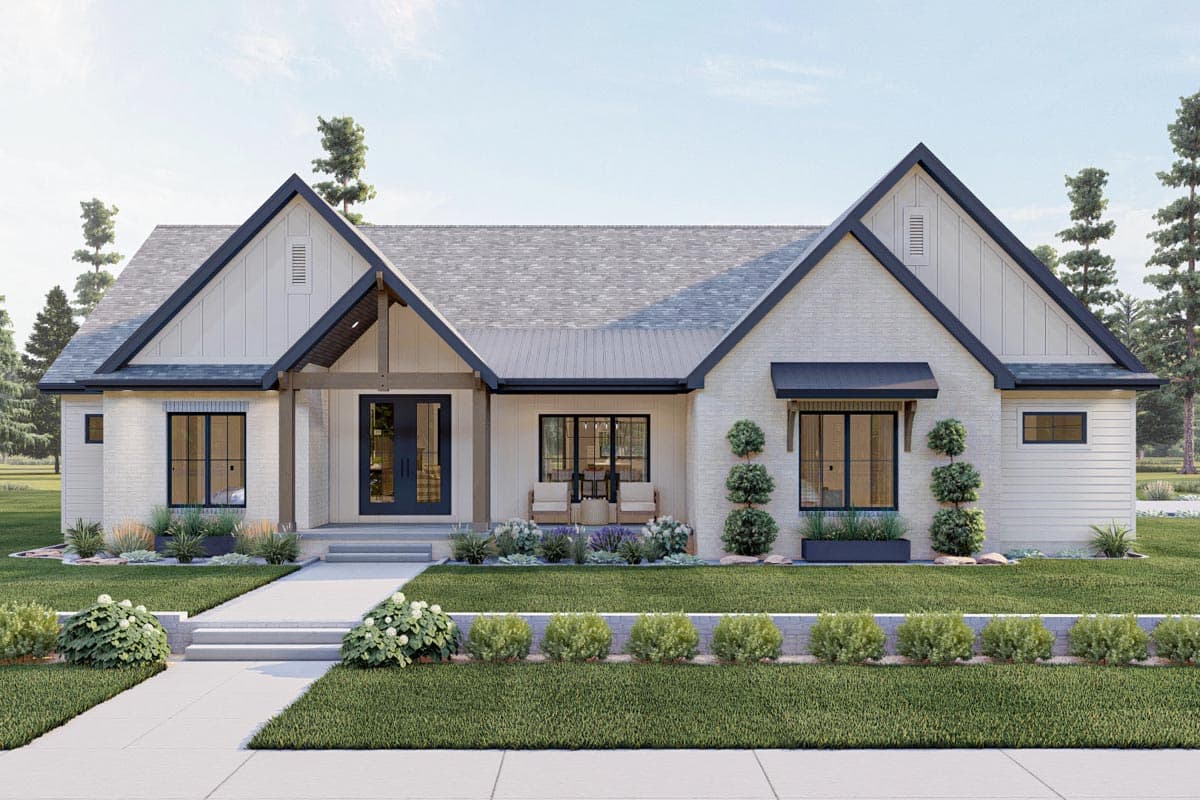 House plan exterior featuring a Modern Farmhouse style with a two-gabled roof, covered porch, and brick facade.