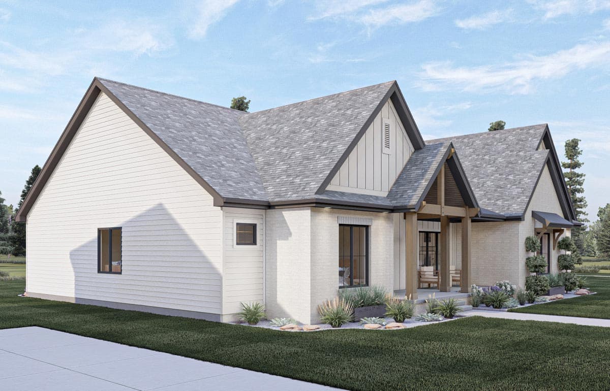 House plan exterior: One-story Modern Farmhouse with white siding, light brick, gabled rooflines, and exposed wooden beams on the covered porch.
