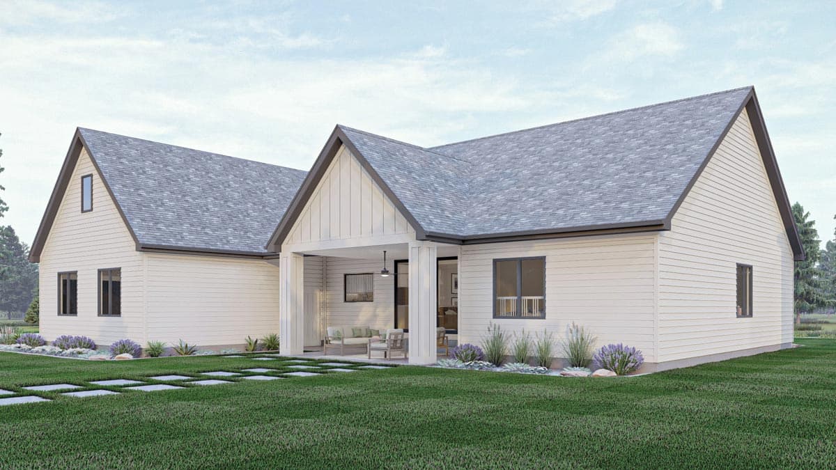 Modern Farmhouse house plan exterior with board and batten siding, gabled rooflines, covered patio, and stone pathway.
