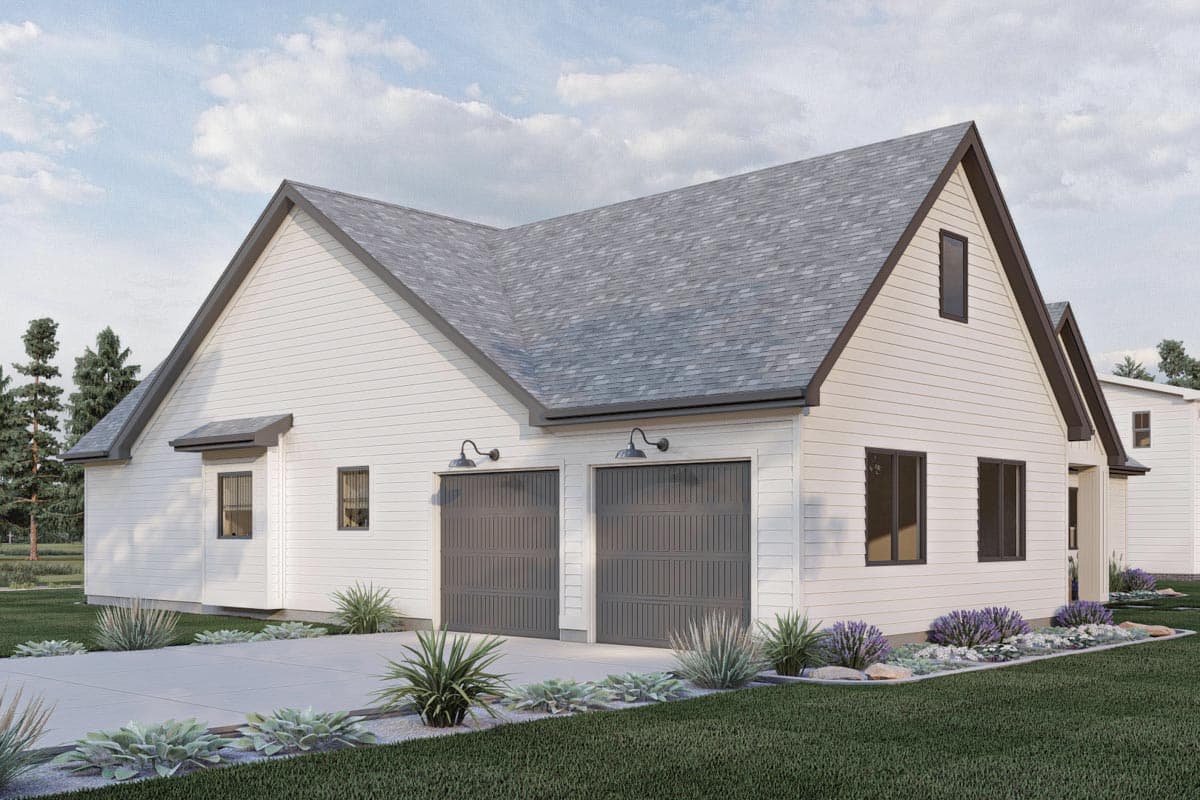 Modern Farmhouse house plan exterior with white siding, gable rooflines, and a two-car garage.