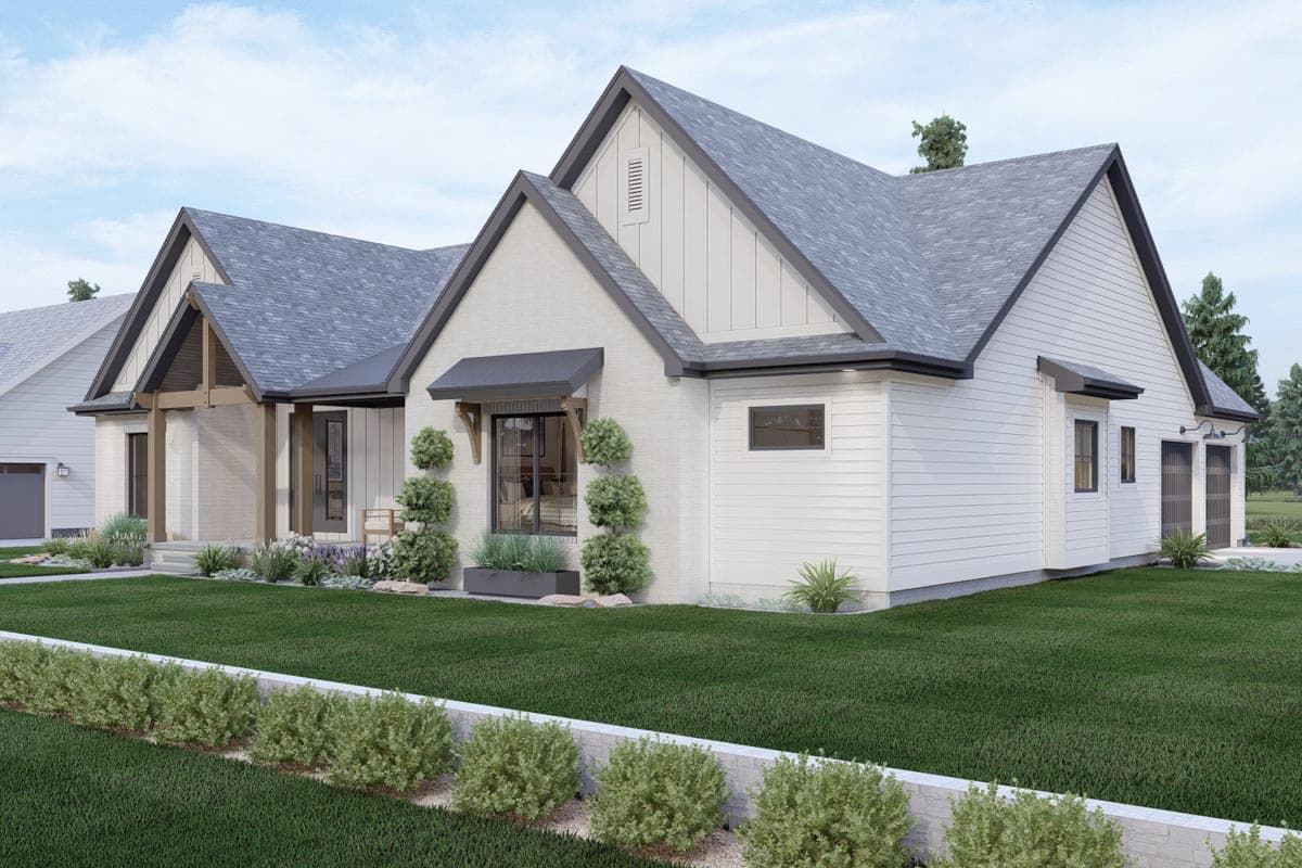 Modern Farmhouse house plan exterior, one story, with gables, board and batten siding, and a three-car garage.