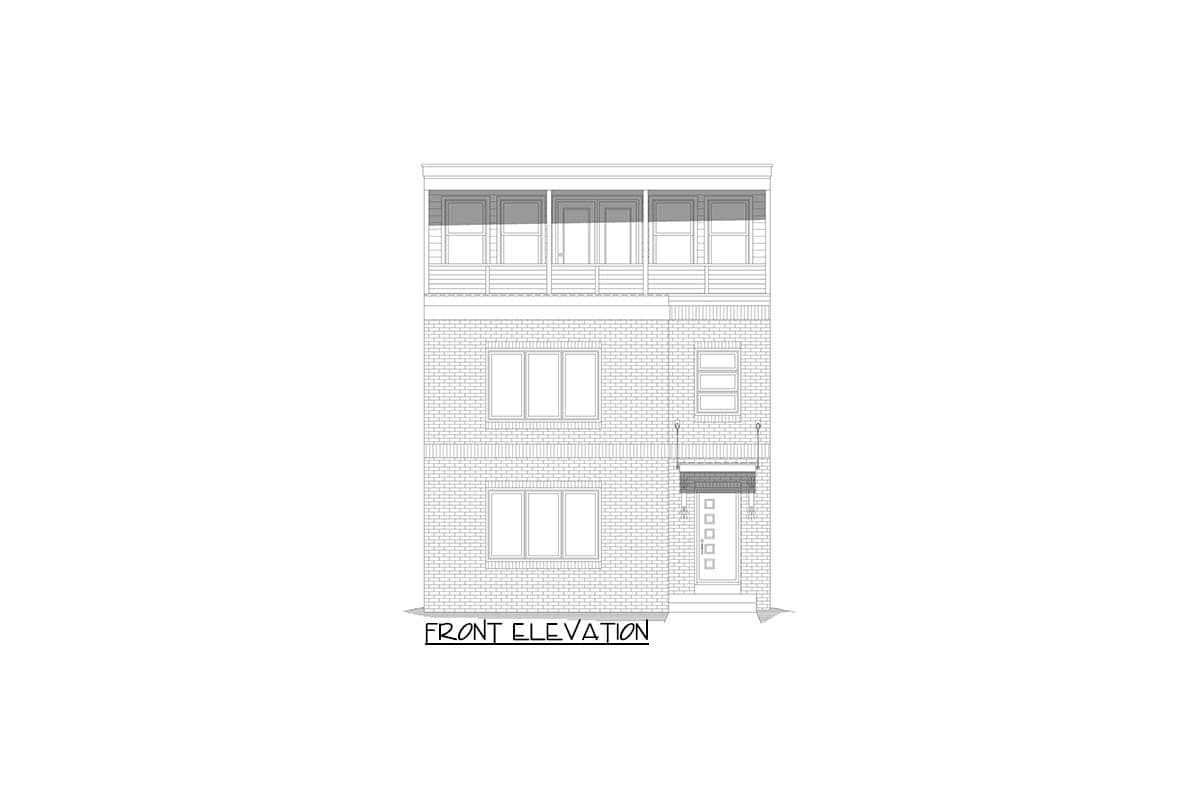Front elevation drawing of a three-story house plan with brick facade, multiple windows, and a second-story balcony.