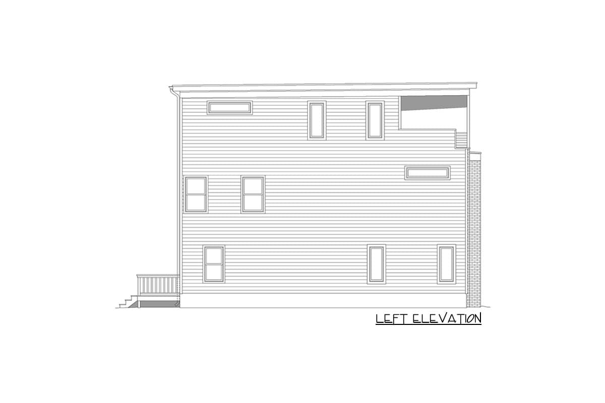 Left elevation drawing of a multi-story house plan with siding, multiple windows, a small porch, and a brick chimney.