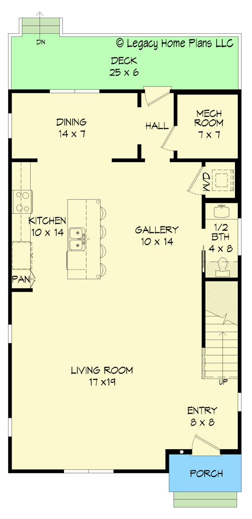 Plan 680034VR: 25-Foot-Wide Modern Contemporary 3-Story Home Plan Scenic Overlook - Floor Plan - Main Level - Contemporary, Transitional
