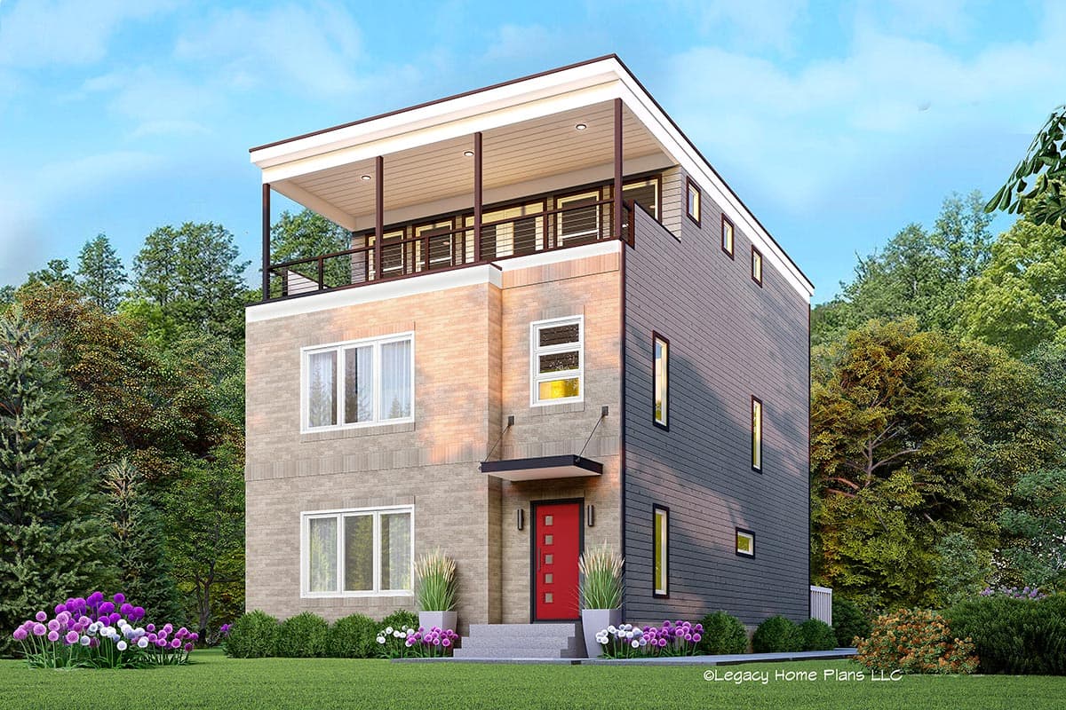 House plan exterior. Two-story modern style with a flat roof, balcony, and vertical siding. Features include a red front door and a covered entry.