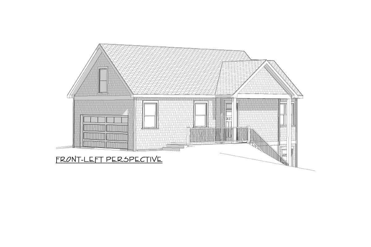 Front-left perspective of a one-story house plan with a gabled roof, attached garage, and covered front porch with railings.