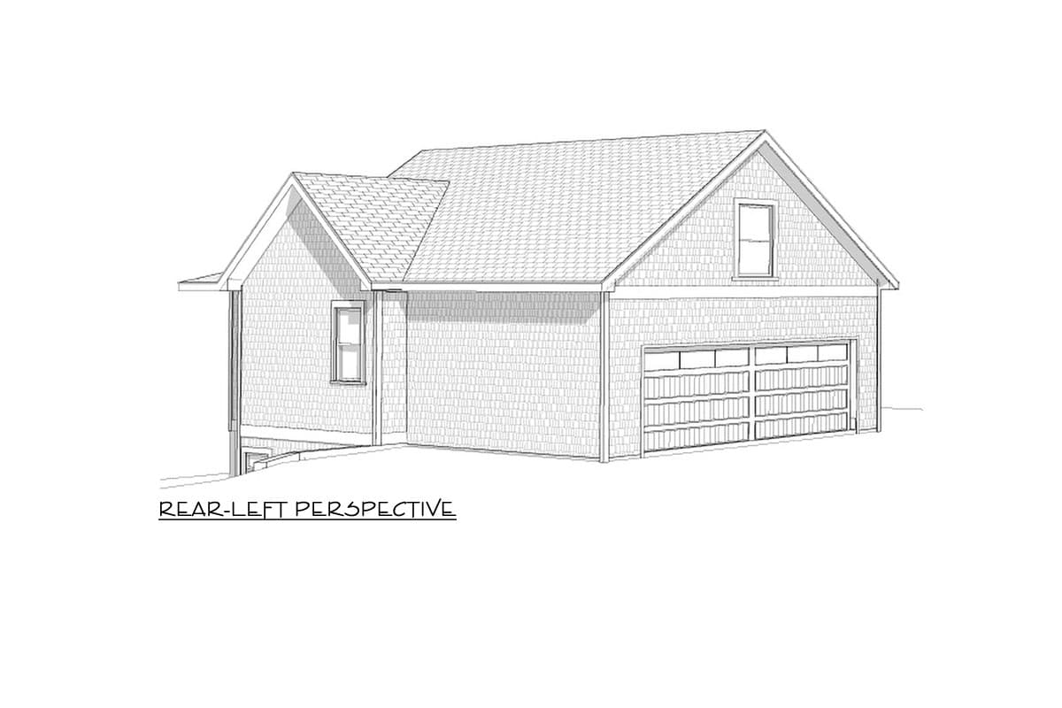 House plan exterior, rear-left perspective of a two-story home with a gable roof, shingle siding, and a multi-panel garage door.