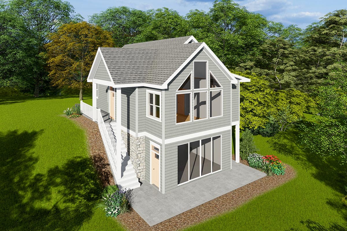 House plan exterior with two stories. Features include a gable roof, stone facade, and large window wall. Stairway leads to front door.