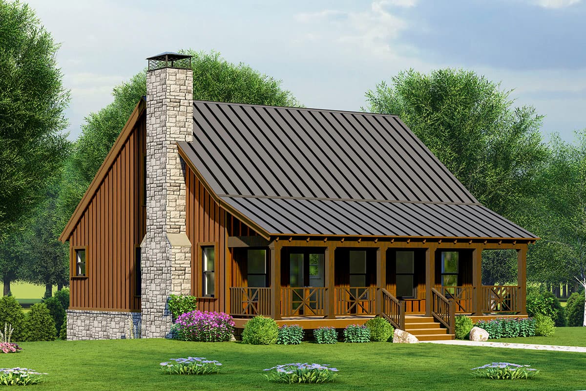 House plan exterior with stone chimney, metal roof, and covered porch. Features include gable roof and board and batten siding.