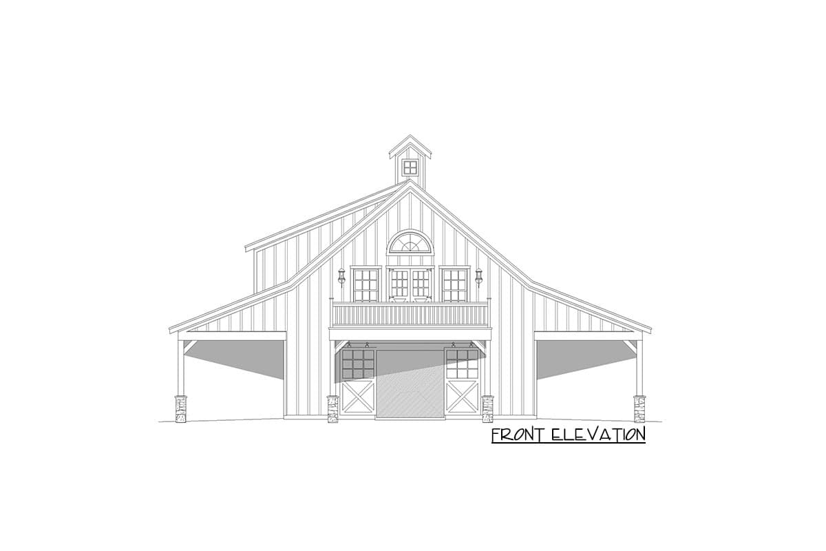 Front elevation drawing of a two-story house plan with a barn style, a covered porch, and cupola.