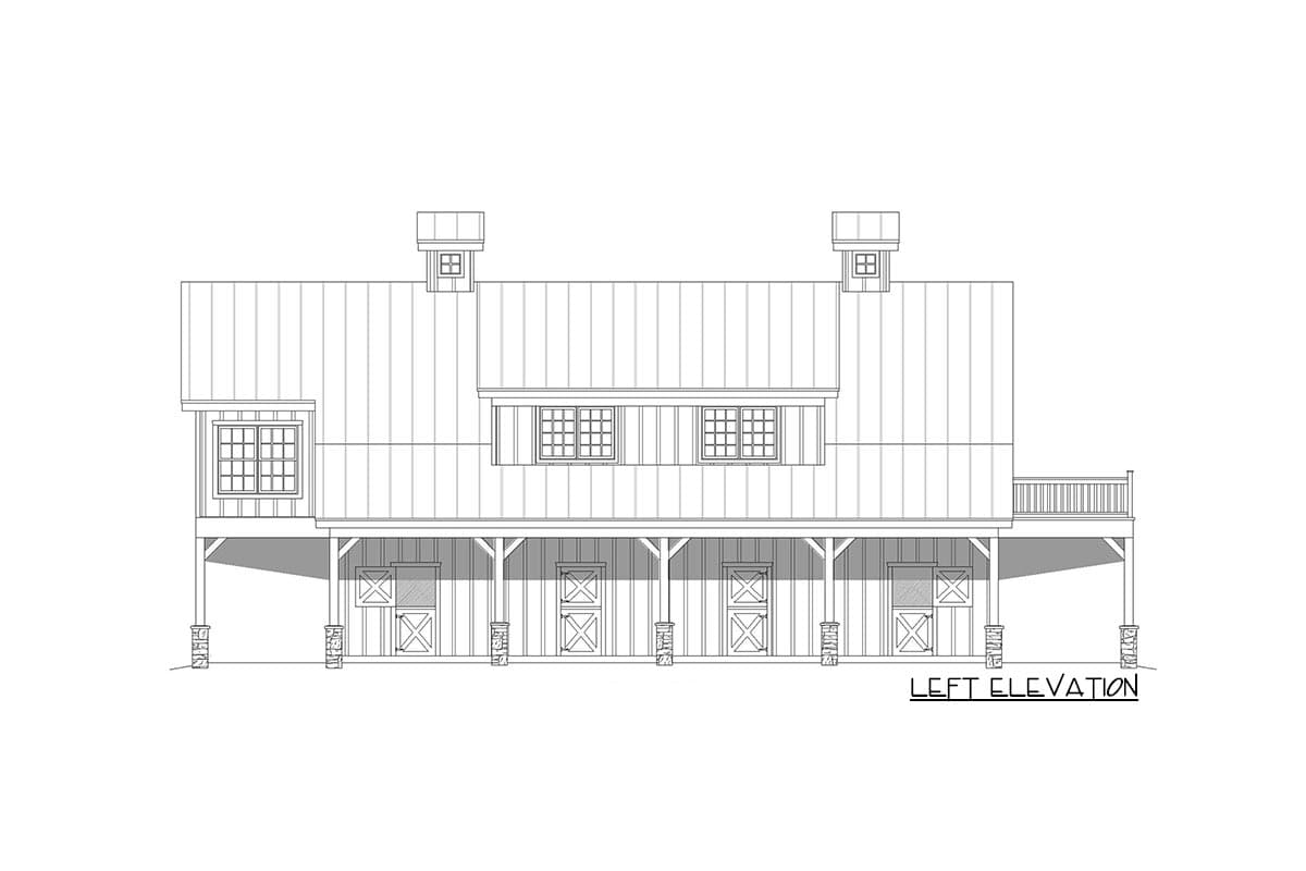 Left elevation drawing of a house plan with a metal roof, dormers, multiple barn-style doors, and a covered porch.