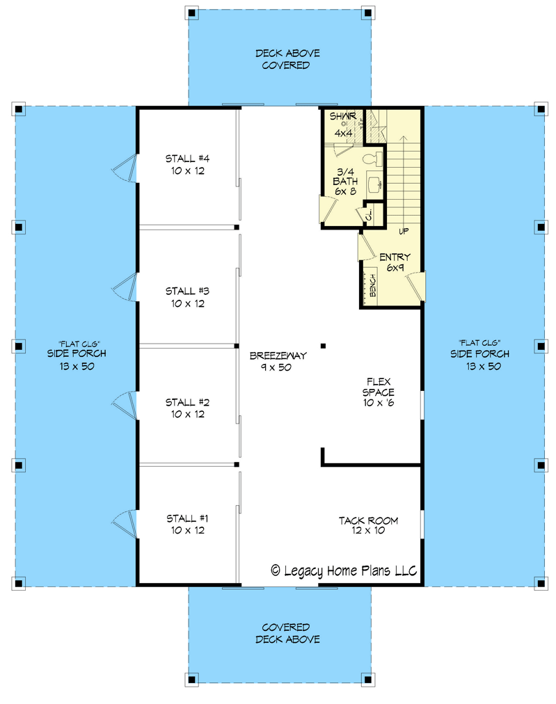 Plan 680036VR: Rustic 4-Stall Barn with 3-Bed Home Above - 1816 Sq Ft - Floor Plan - Main Level - Country, Rustic