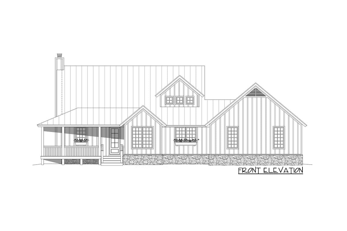 Front elevation house plan for a Modern Farmhouse style home, featuring a prominent gable, metal roof, covered porch, and stone foundation.