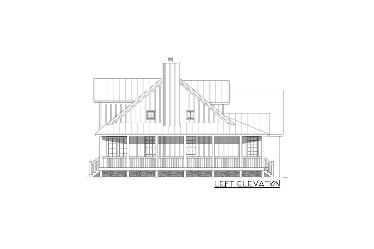 Left elevation of a two-story house plan with a metal roof, front porch, and central chimney.