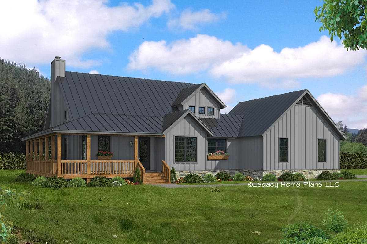 House plan exterior. Modern farmhouse style. Features include a wrap-around porch, gabled dormers, and a standing seam metal roof.