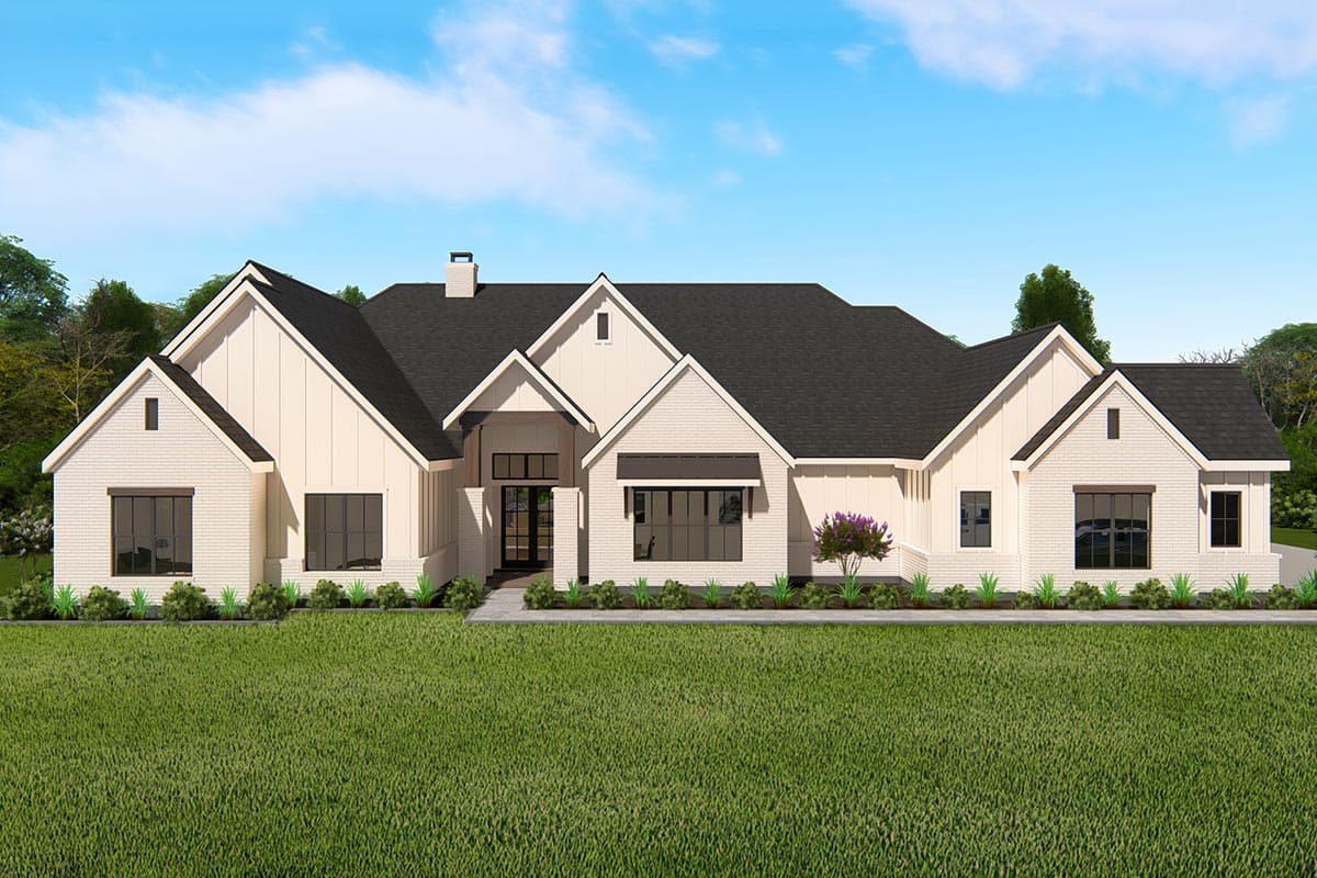 House plan exterior with Modern Farmhouse style, single story, gabled rooflines, brick facade, and covered entryway.