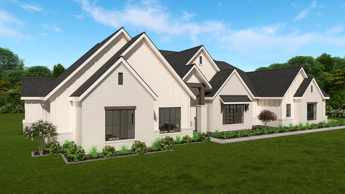 Modern Farmhouse house plan exterior with white brick, board and batten siding, multiple gables, and dark-framed windows.